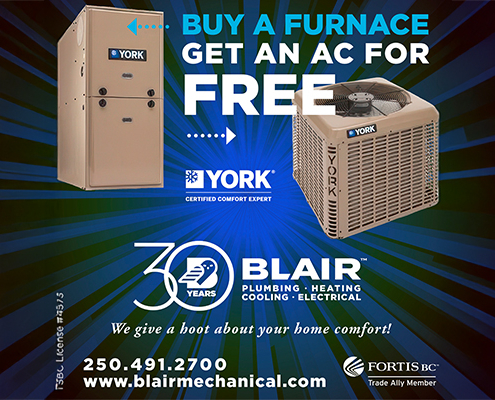Advertisement for Blair Mechanical showcasing a York furnace and air conditioner. HVAC & Plumbing Offers: Buy a furnace, get an AC for free. Blair Plumbing, Heating, Cooling, Electrical. 250.491.2700 blairmechanical.com. Fortis BC and York logos included.